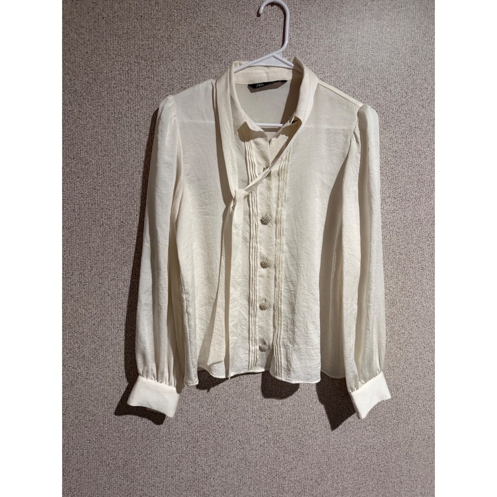 Zara Womens Cream Textured Tie Neck Blouse Pearl Button Pleated Shirt Medium